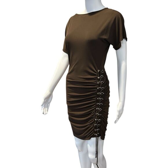 Michael Kors Dresses & Skirts - Michael Kors Sz Xs Brown Short Sleeve Ruched Dress Lace Up Side Detail Stretch